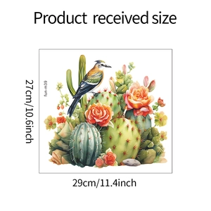 Detail showing tropical cactus wall sticker with colorful bird and floral patterns