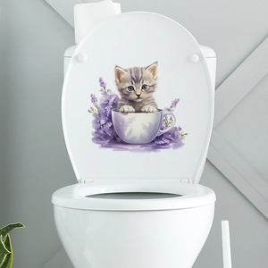 Detail of waterproof toilet sticker featuring a cute grey kitten in a purple flower teacup