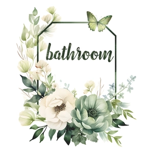 Hexagonal floral bathroom wall sticker with watercolor flowers and green butterfly art