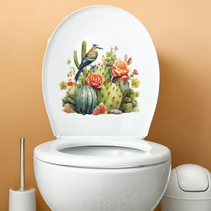 Tropical cactus and birds watercolor wall stickers for bathroom toilet lid decoration
