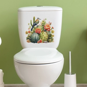 Watercolour cactus and bird toilet sticker on a white ceramic tank for bathroom decor