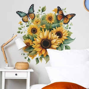 Detailed wall sticker layout featuring sunflowers and butterflies in a cozy bedroom setting
