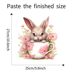 Detail of cute rabbit in teacup wall sticker showing dimensions 25cm by 27cm