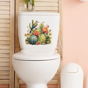 Tropical green cactus and bird waterproof self-adhesive toilet tank decorative wall sticker