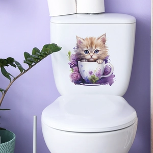 Cute cartoon orange cat in purple flowers tea cup waterproof PVC toilet sticker decor