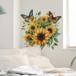 Vibrant sunflower and butterfly wall stickers for bedroom or living room decor