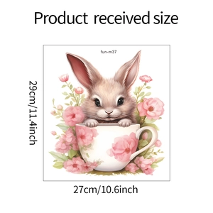 Cartoon rabbit in flower teacup wall sticker showing precise product size 27x29cm