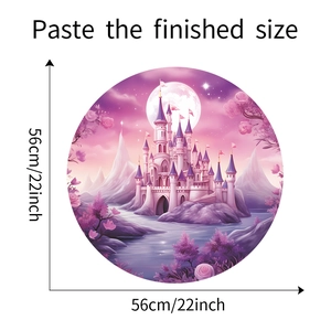 Vue détaillée du sticker mural château violet rond avec marquage de diamètre 56cm