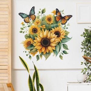 Sunflower Butterfly Wall Sticker PVC Floral Green Leaves Wall Decals Removable Home Decor For Bedroom Living Room Entrance