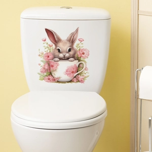 Cartoon bunny in floral tea cup decorative wall sticker for bathroom toilet lids