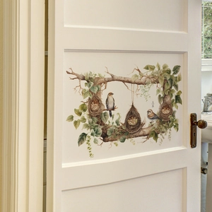 Self-adhesive nature wall sticker featuring birds, nests and branches for home decor