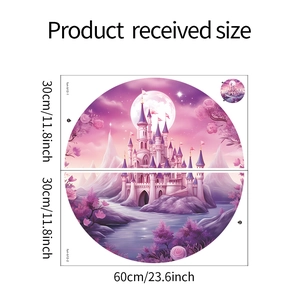 Dimensions détaillées du stickers mural château féerique violet mesurant 60x60cm