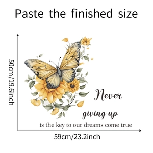 Detail showing dimensions of sunflower butterfly wall sticker with motivational text