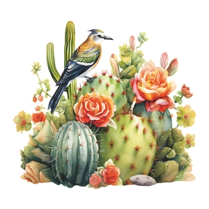 Detail of tropical cactus stickers with watercolor birds and orange rose flowers