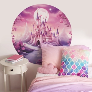 Sticker Mural Château Violet De Rêve Avec Lune Étoiles Style Conte De Fées Dessin Animé Pour Chambre D'enfants Décor De Chambre De Princesse Peinture Murale En PVC Imperméable