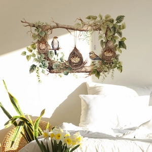 Self-adhesive nature wall sticker featuring bird nest and branches for bedroom decor