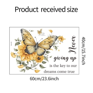 Detail of sunflower wall sticker showing product size dimensions and motivational quote