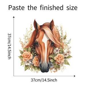 Détail montrant les dimensions du sticker mural décoratif tête de cheval et fleurs