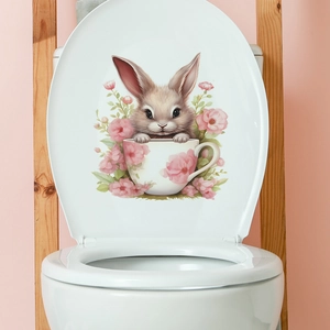 Cartoon Rabbit In Cup Pink Flower Toilet Sticker Waterproof PVC Bathroom Wall Decal Creative Home Decoration Accessory fun-m37
