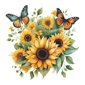 Artistic wall sticker featuring vibrant sunflowers, green leaves, and colorful butterflies