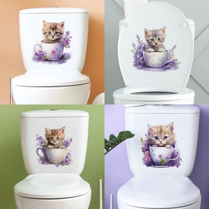 Cute Cartoon Cat In Tea Cup Purple Flower Toilet Sticker Waterproof PVC Removable Home Bathroom Lid Decor Wall Mural Decal