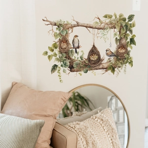 Watercolor bird nest and green leaf branch wall stickers for cozy home wall decoration