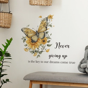 Floral wall sticker with sunflower, yellow butterfly and inspirational English typography quote