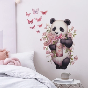 Sticker mural panda avec roses roses et papillons pour déco chambre d'enfant