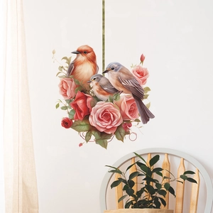 Sticker mural dessin animé rose branche oiseau pour décor de chambre et salon
