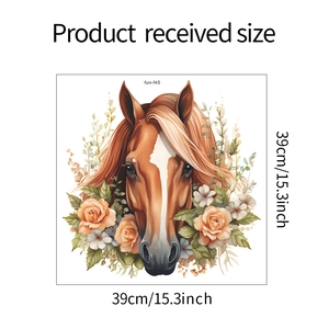 Vue détaillée du sticker mural cheval et fleurs avec dimensions de 39cm par 15,3 pouces