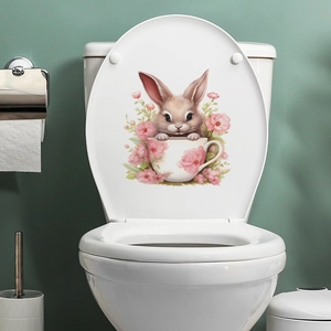 Cute brown rabbit in floral teacup wall sticker for bathroom and toilet lid decoration