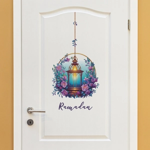 Detail of Ramadan door sticker featuring a purple floral lantern with greeting text