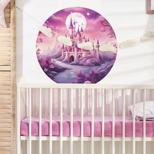 Sticker mural château violet de rêve pour chambre d'enfant avec une grande lune
