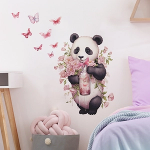 Sticker mural panda de dessin animé avec fleurs et papillons pour chambre d'enfant