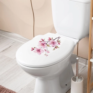 Pink plum blossom flower wall sticker on white toilet lid for bathroom decoration