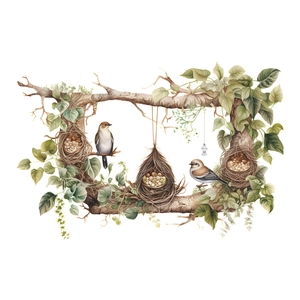 Creative watercolor bird nest tree branch wall decal for bedroom living room decor