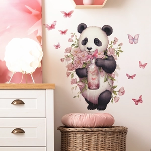 Sticker mural panda mignon avec fleurs roses et papillons pour décoration intérieure
