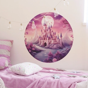 Sticker mural rond avec château violet et nuages roses pour chambre de petite fille