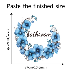 Detail showing blue flower garland bathroom wall sticker with dimensions in cm and inch