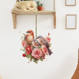 Stickers Muraux en PVC avec Oiseaux et Branche de Roses Roses Autocollant Mural Floral pour Salon Chambre Décoration de Maison