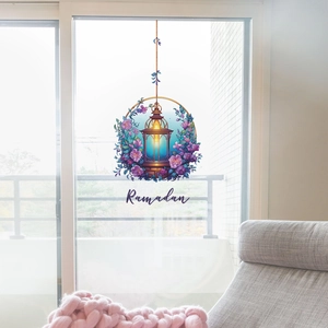 Floral Ramadan Kareem window decal with purple flowers and vintage lantern for home decor