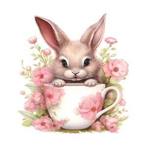 Detailed view of cartoon bunny in floral teacup wall sticker with hand-painted textures