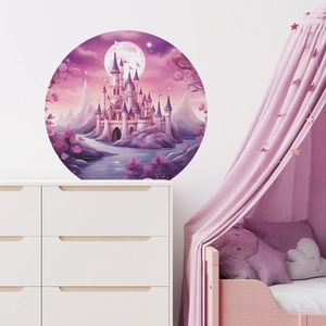 Sticker mural rond château violet de rêve avec pleine lune et cerisiers roses