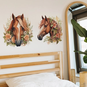 Stickers muraux artistiques avec portraits de chevaux bruns et motifs floraux décoratifs