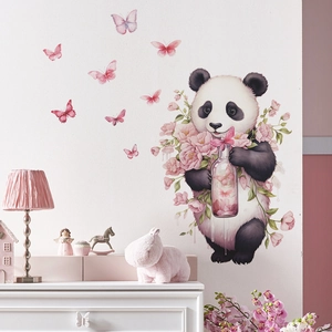 Sticker Mural Panda de Dessin Animé Avec Fleurs Roses Papillon PVC DIY Décoration de Chambre d'Enfant Salon Maison
