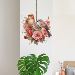 Stickers muraux branche de roses et oiseaux pour décoration de chambre et salon