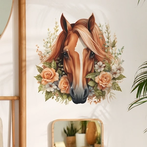 Sticker mural tête de cheval artistique avec motifs floraux pour décoration d'intérieur