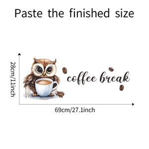 Détail du sticker mural Coffee Break avec hibou et guide de taille de 69cm x 28cm