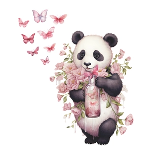Sticker mural panda mignon avec roses roses et papillons pour décoration de chambre
