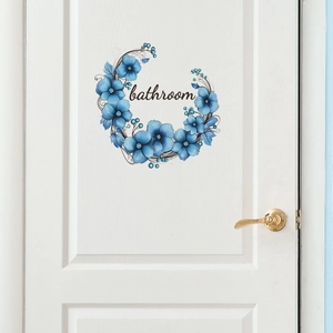 Elegant blue floral bathroom door sticker with circular flower design for home wall decor
